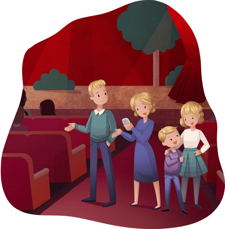 Family entering theater and finding their seats