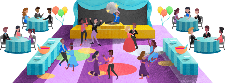 Multiple students dancing and socializing at tables at their school prom