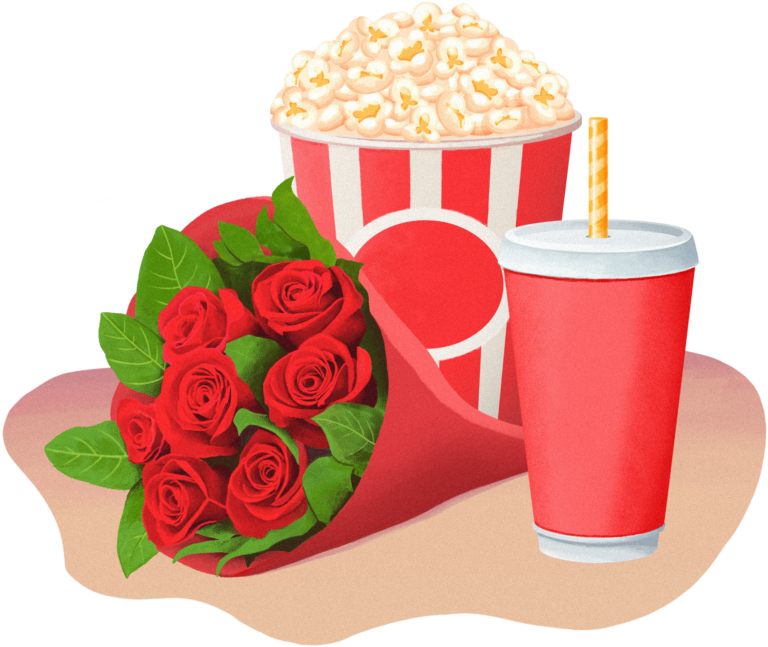 Concession stand popcorn, pop, and roses illustration