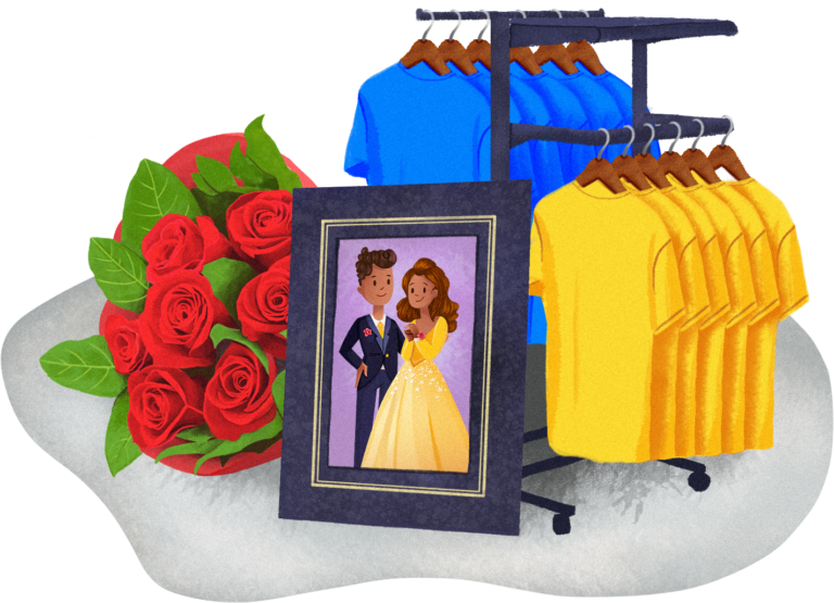 Dance illustration with flowers, tshirt, and photos to purchase